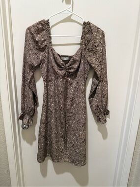 Paper Crane Brown Floral Mini Dress with Long Sleeves